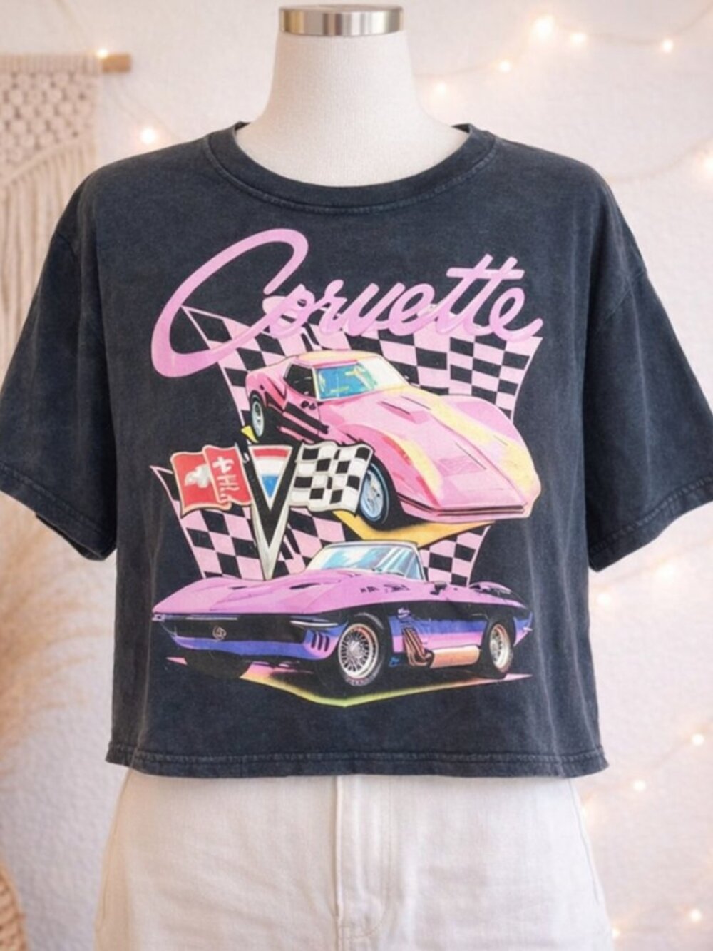 Corvette Vintage Car Graphic Cropped T-Shirt Top M Y2K Streetwear 90s Racing